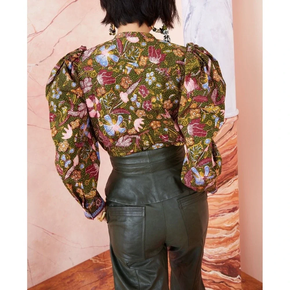 Ulla Johnson Willa Puff Sleeve 100% Cotton Blouse Pine Green Floral Size 0 $275
